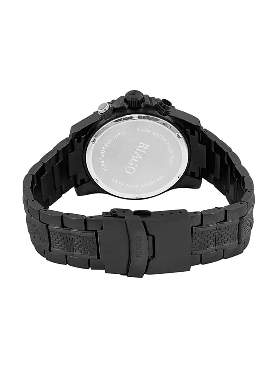 RIAGO Men’s Premium Black Analog Watch, Japanese Quartz Movement, Stainless Steel Case, Metal Strap, Black Dial