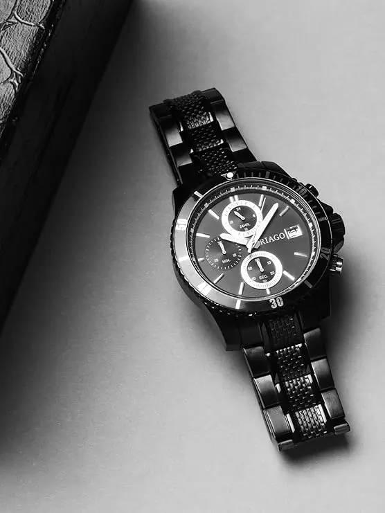 RIAGO Men’s Premium Black Analog Watch, Japanese Quartz Movement, Stainless Steel Case, Metal Strap, Black Dial