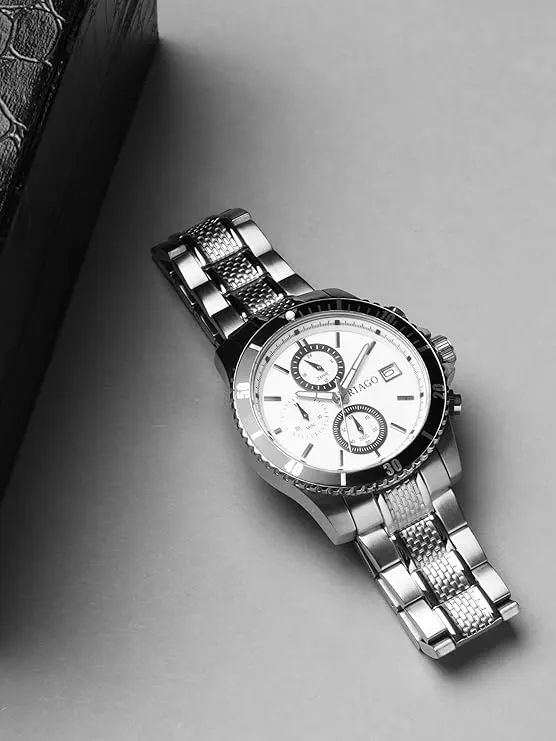 RIAGO Men’s Premium Analog Watch with Japanese Movement | Stainless Steel Case, Solid Link Strap & Classic White Dial