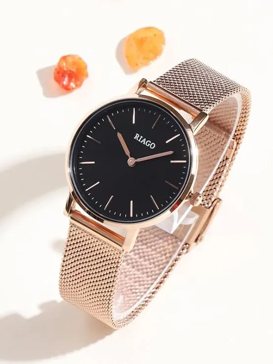 Riago Analogue Golden Strap with Black Dial Watches for Women