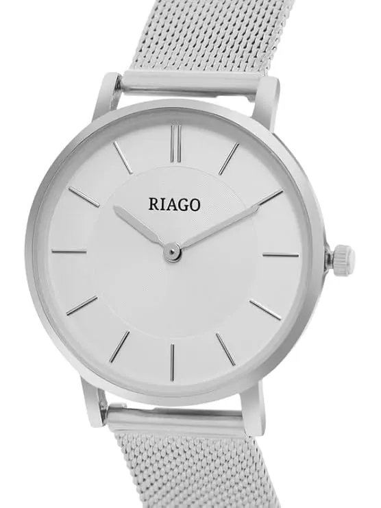 RIAGO Silver Strap with Silver Dial Pair Wrist Watch for Men and Women