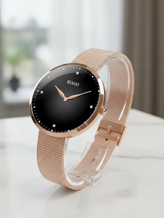 RIAGO Women’s Analog Watch | Rose Gold Case, Gradient Black Dial with Rose Gold Mesh Strap | PC21 Quartz Movement, Mineral Glass, 30 m Water Resistant Ladies Fashion Watch