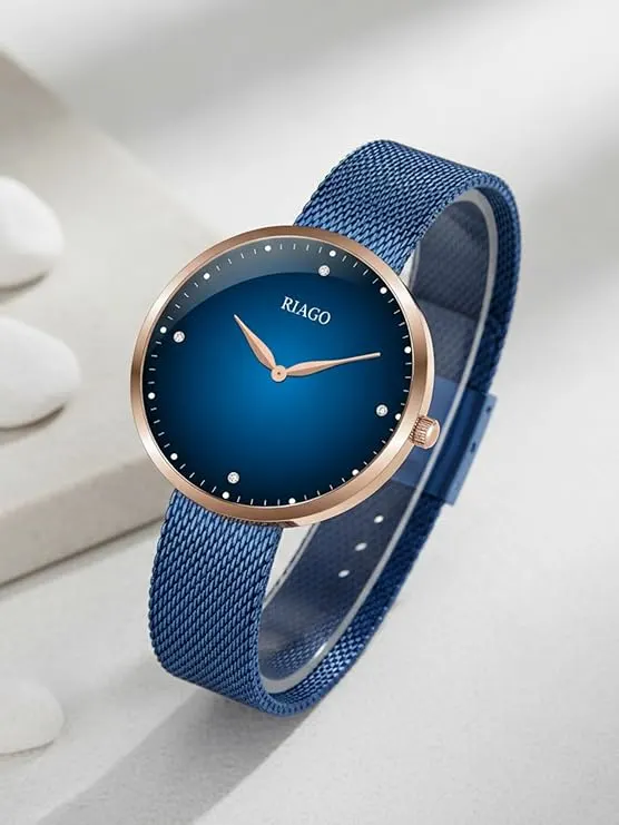 RIAGO Women’s Analog Watch | Rose Gold Case, Gradient Blue Dial with Blue Mesh Strap | PC21 Quartz Movement, Mineral Glass, 30 m Water Resistant Fashion Watch for Women